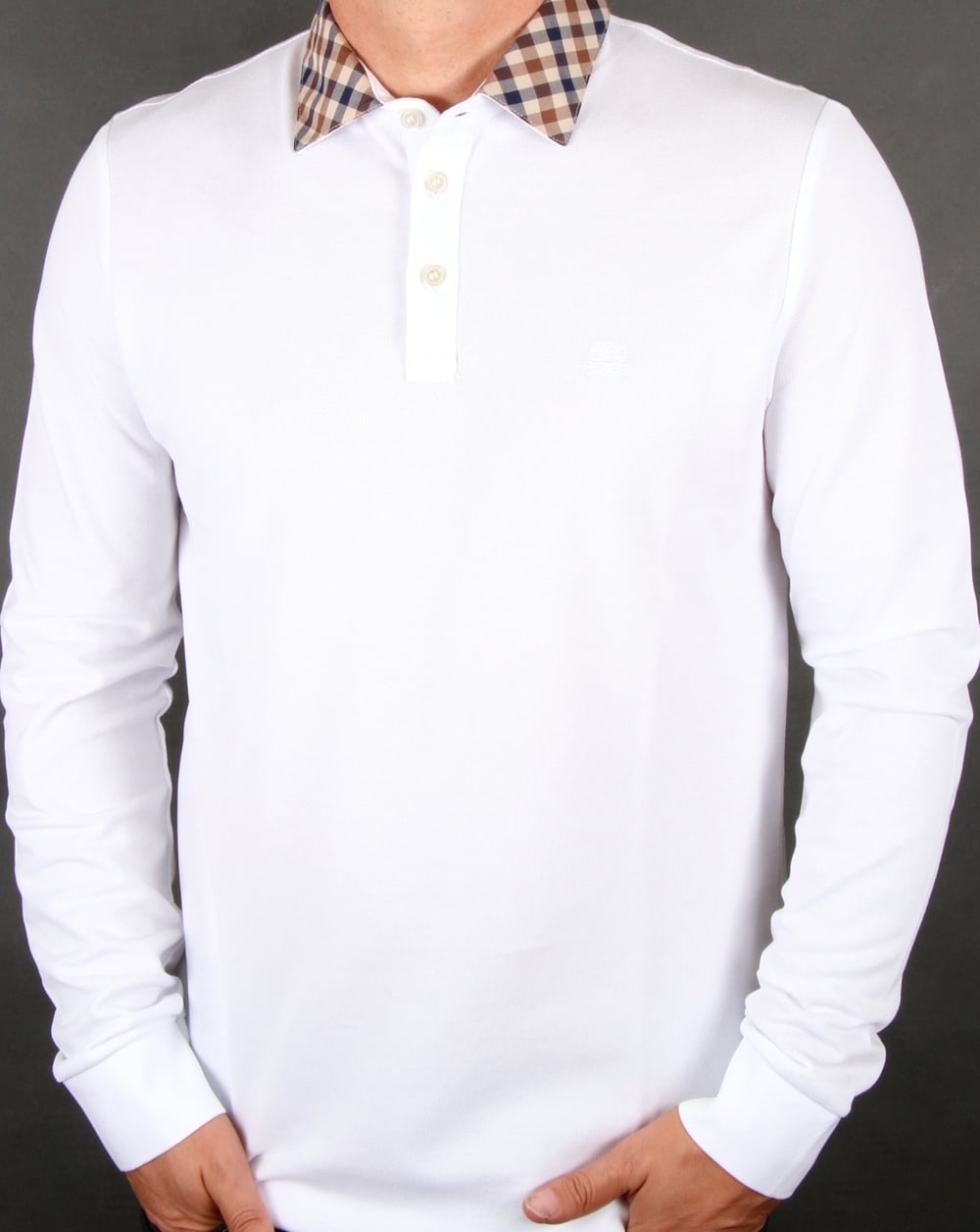 Aquascutum Nathan Check Collar Long Sleeve Polo Shirt White