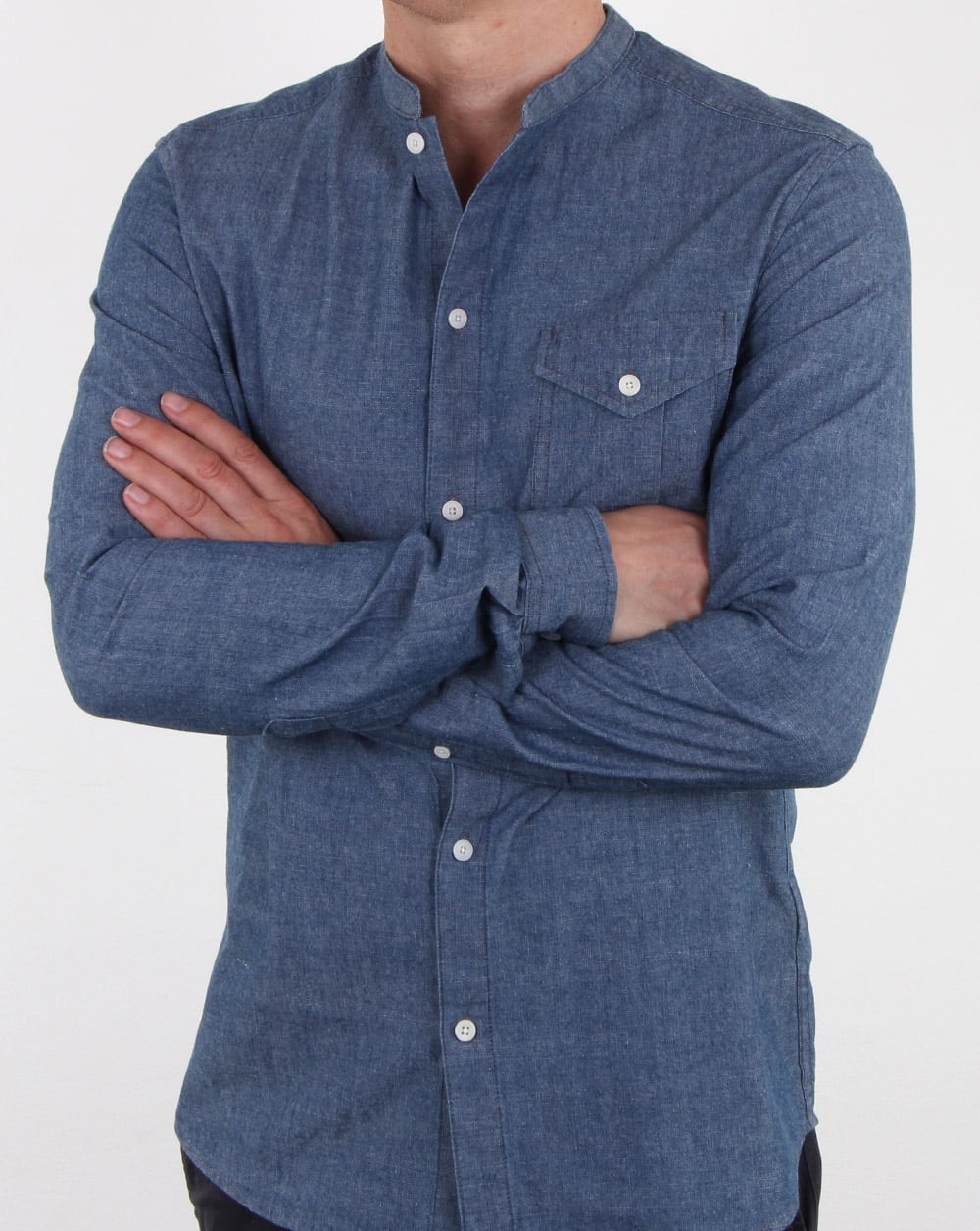Pretty Green Nightingale Collarless Shirt Indigo