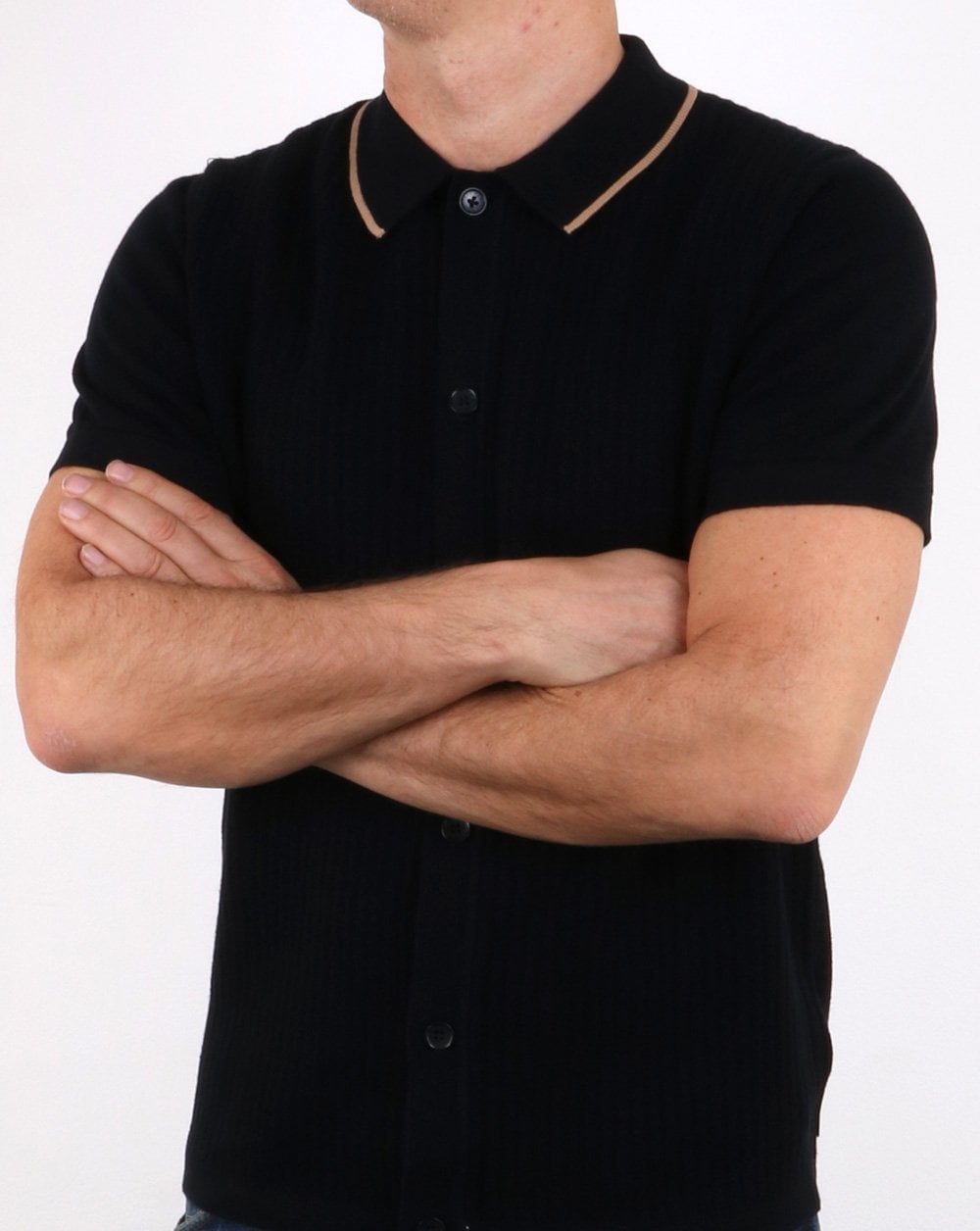 Ben Sherman Full Button Knitted Polo Black