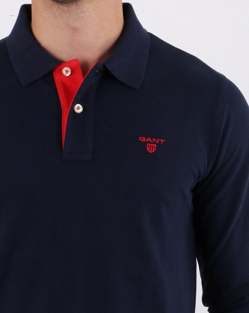 Gant Contrast Long Sleeve Polo Shirt Evening Blue