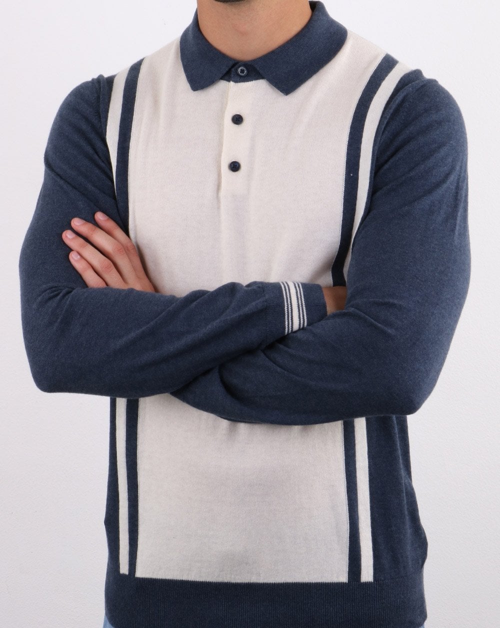 Ben Sherman Long Sleeve Stripe Knit Polo Dark Blue
