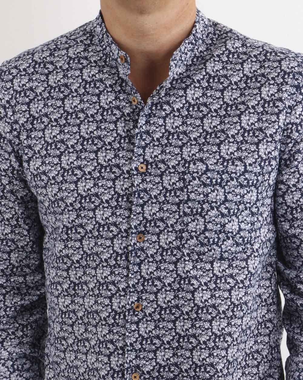 Benetton Grandad Collar Floral Shirt Navy