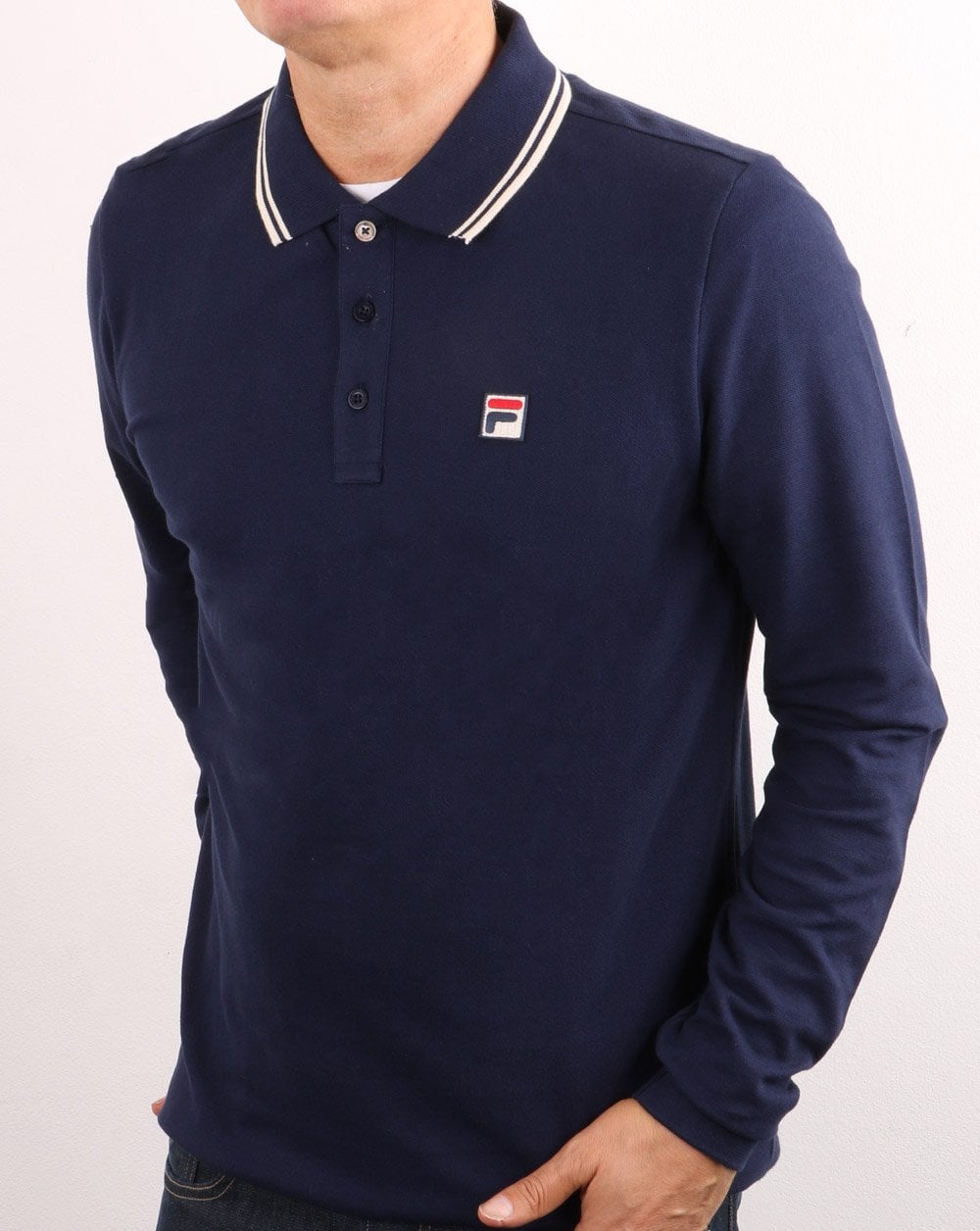 Fila Vintage Tipped Long Sleeve Polo Shirt Navy/white