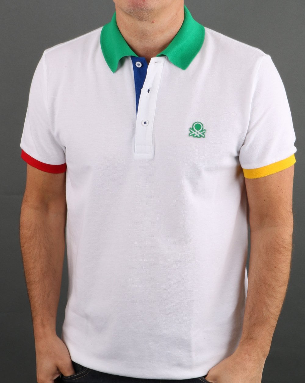 Benetton Iconic Multicolour Trim Polo Shirt White