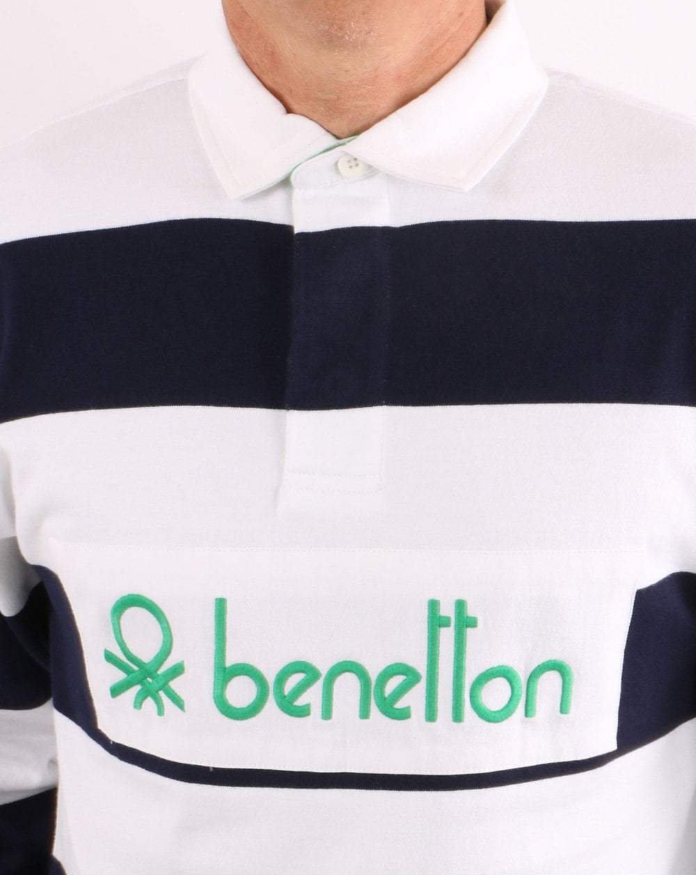 Benetton Striped Rugby Shirt Navy/White