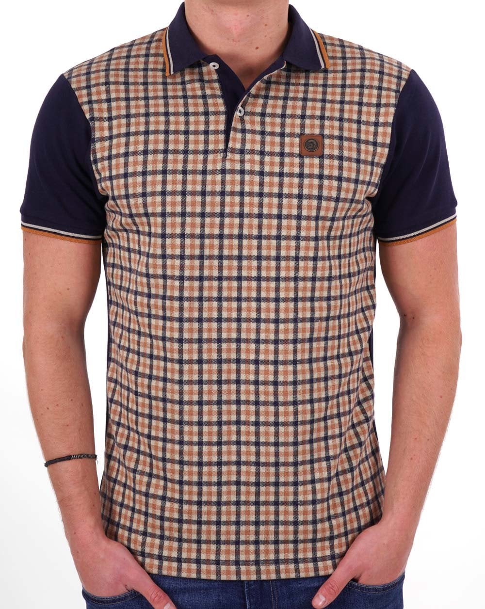 Trojan Gingham Check Panel Polo Navy/Camel