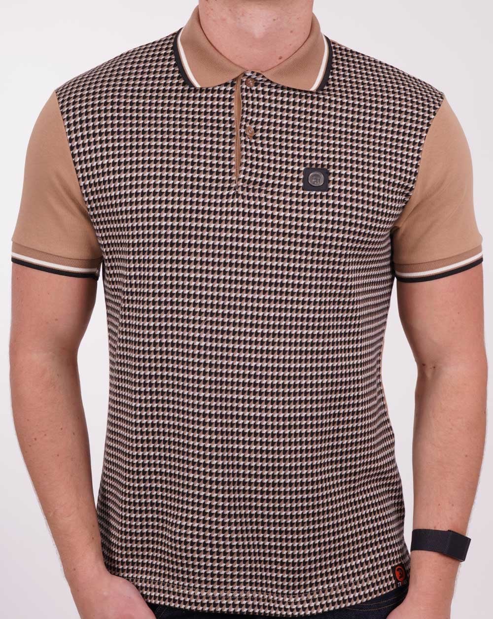 Trojan Geometric Pattern Panel Polo Camel/Navy