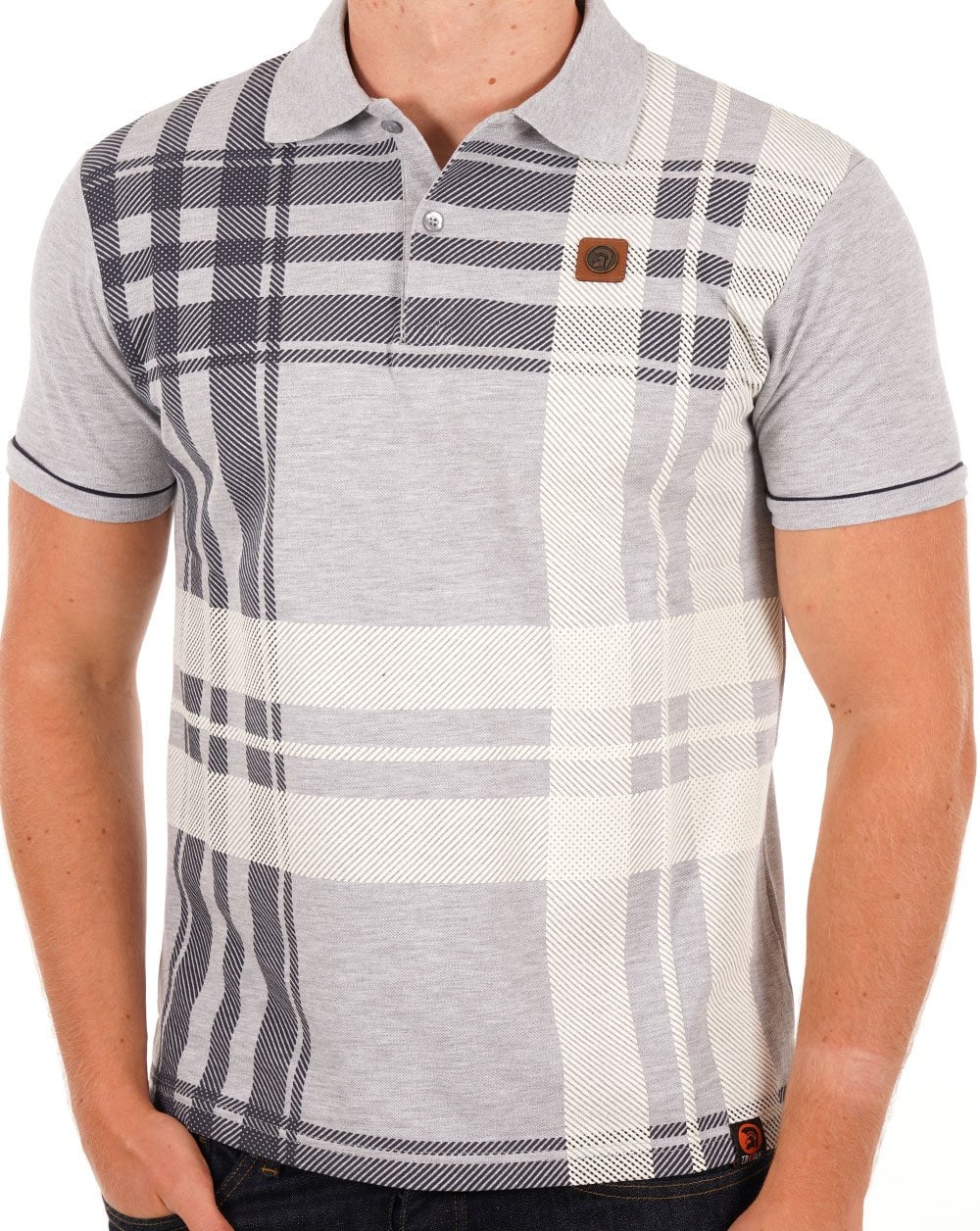 Trojan Check Panel Polo Shirt Grey