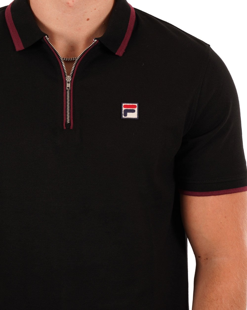 Fila Vintage Tipped Zip Polo Shirt Black/Burgundy