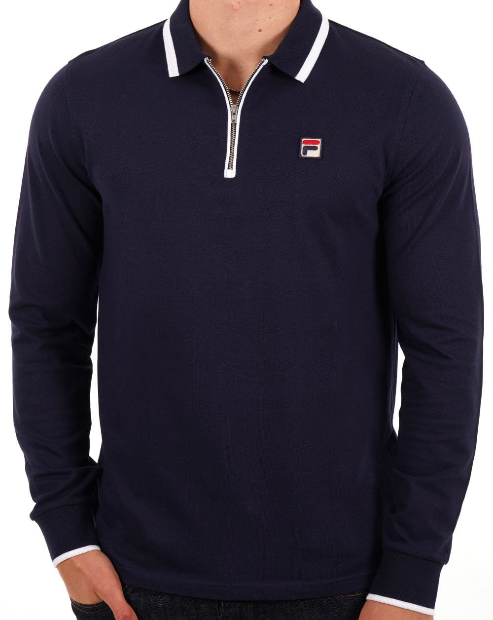 Fila Vintage Tipped Zip LS Polo Shirt Navy