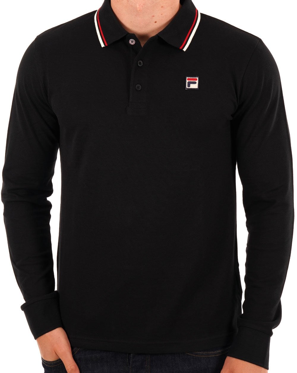 Fila Vintage Tipped Long Sleeve Polo Shirt Black/Gardenia/Red