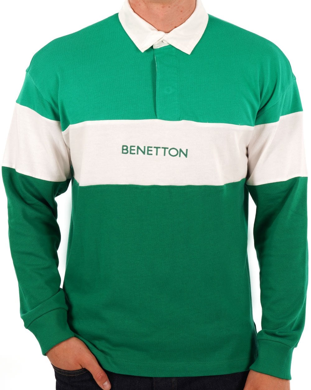 Benetton Rugby Style Polo Shirt Green/White