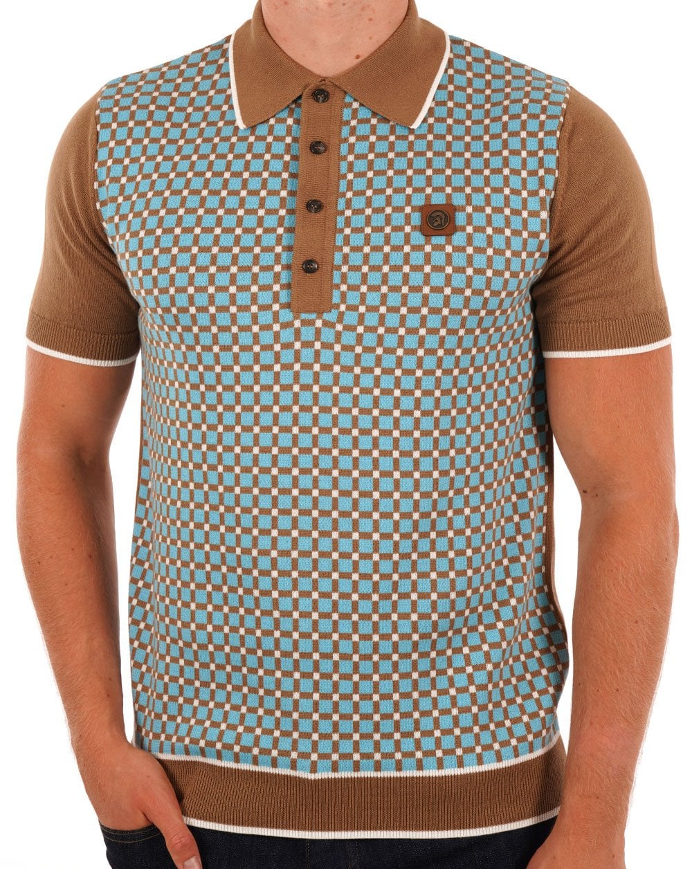 Trojan Squares Panel Knitted Polo Camel