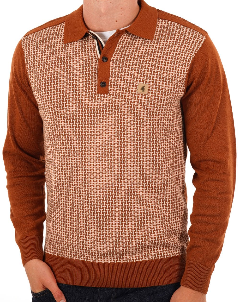 Gabicci Vintage Weaver LS Knit Polo Toffee