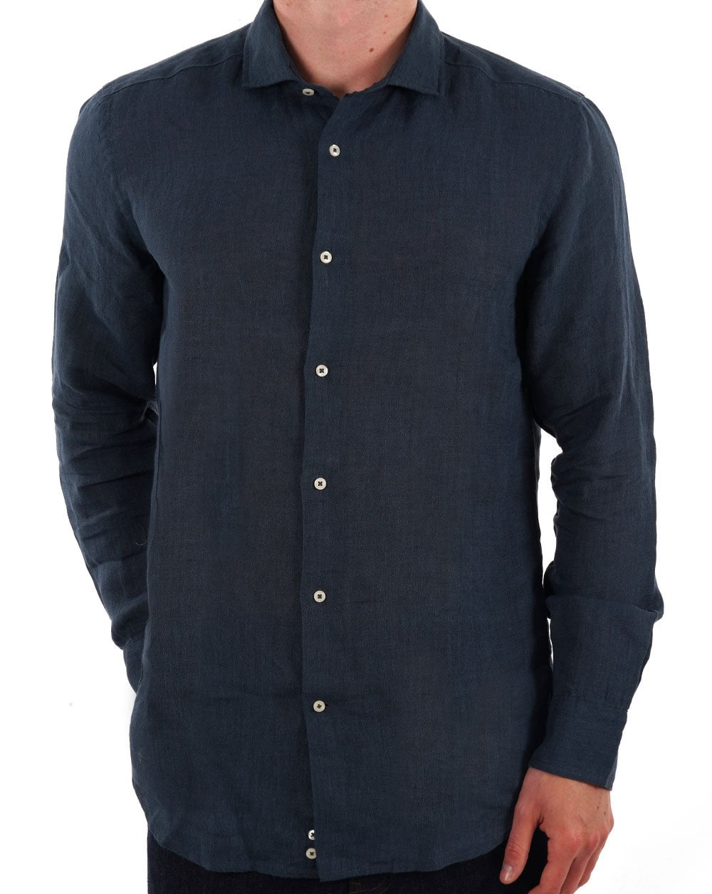 Benetton Pure Linen Long Sleeve Shirt Navy