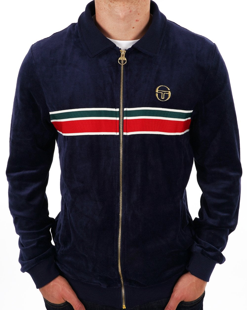 Sergio Tacchini Striped 70s Velour Track Top Navy