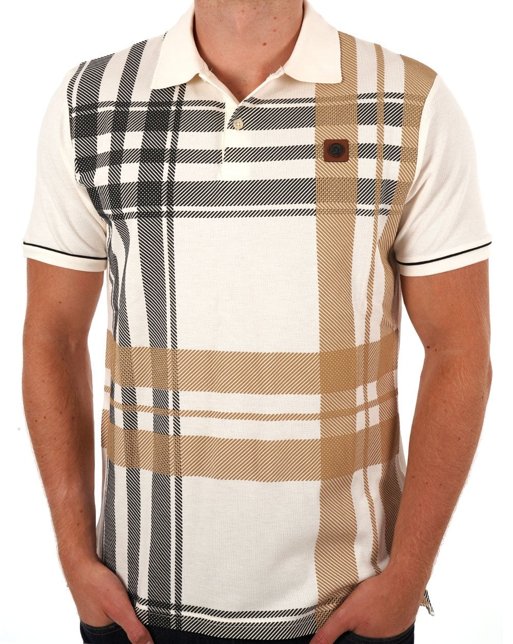 Trojan Check Panel Polo Shirt Ecru/Black