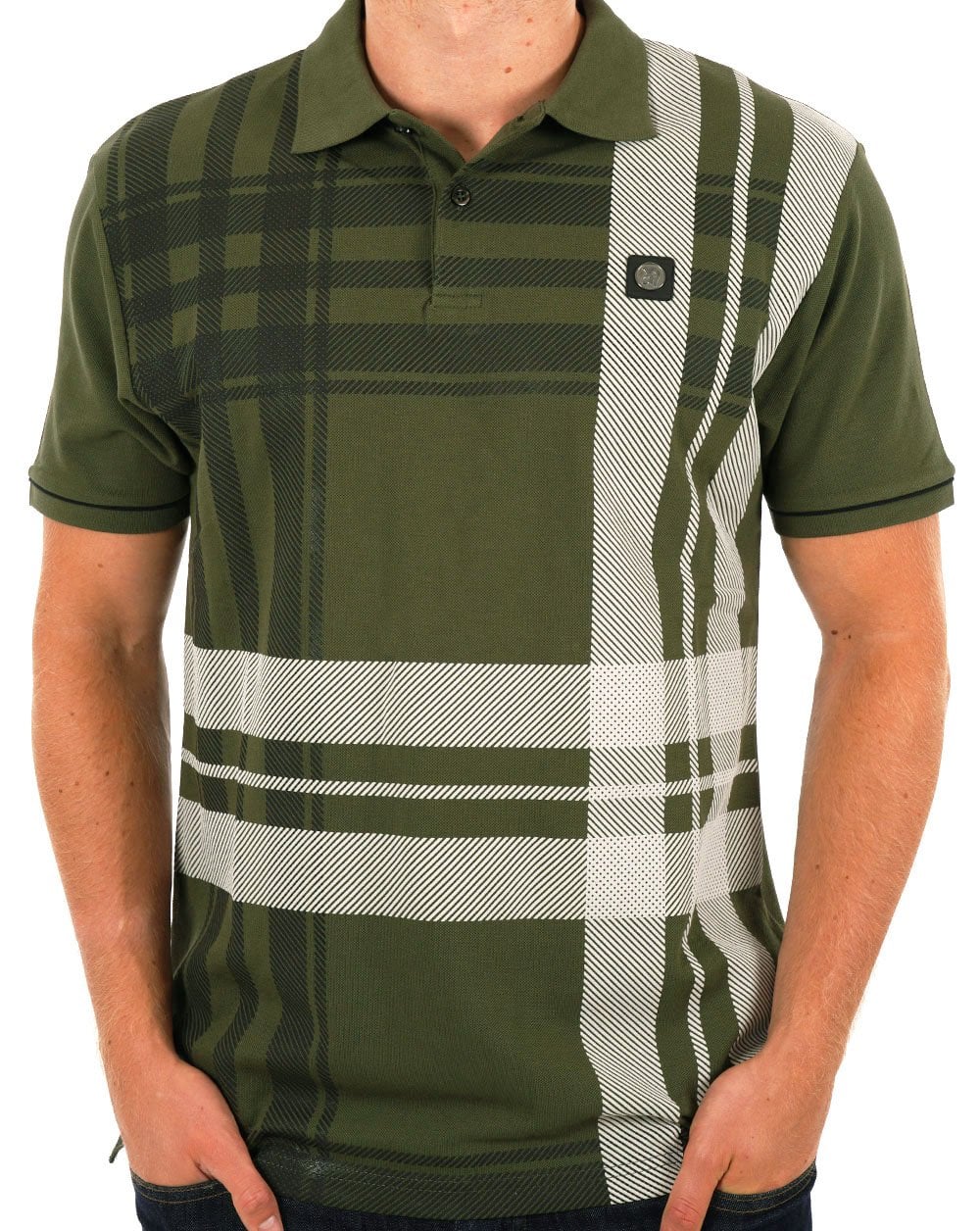 Trojan Check Panel Polo Shirt Army Green