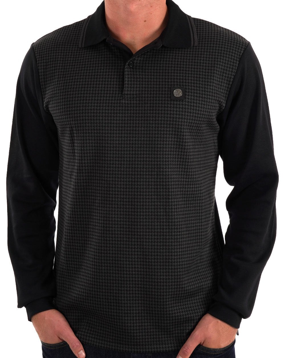 Trojan Houndstooth Long Sleeve Polo Black