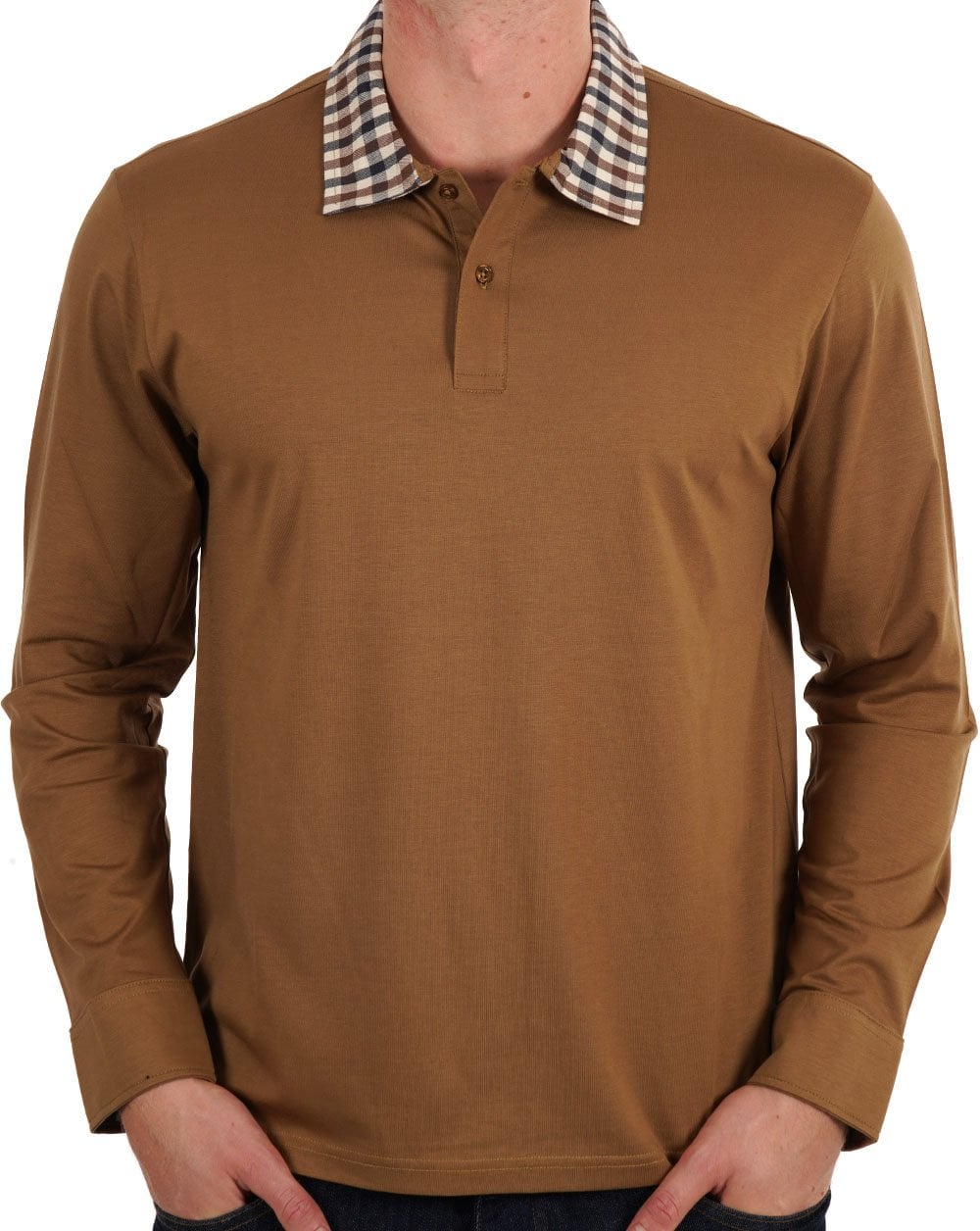 Aquascutum Club Check Collar LS Polo Toffee