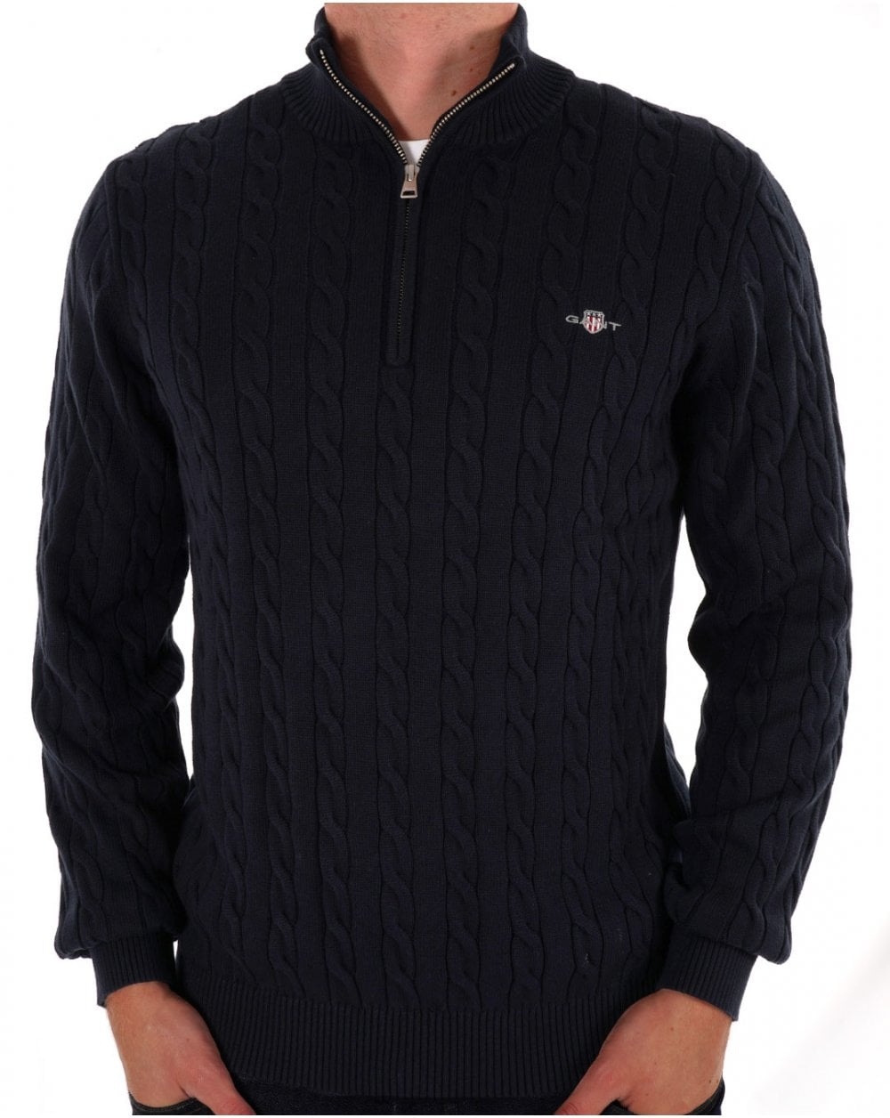 Gant Cotton Cable Knit Half Zip Sweater Navy Blue