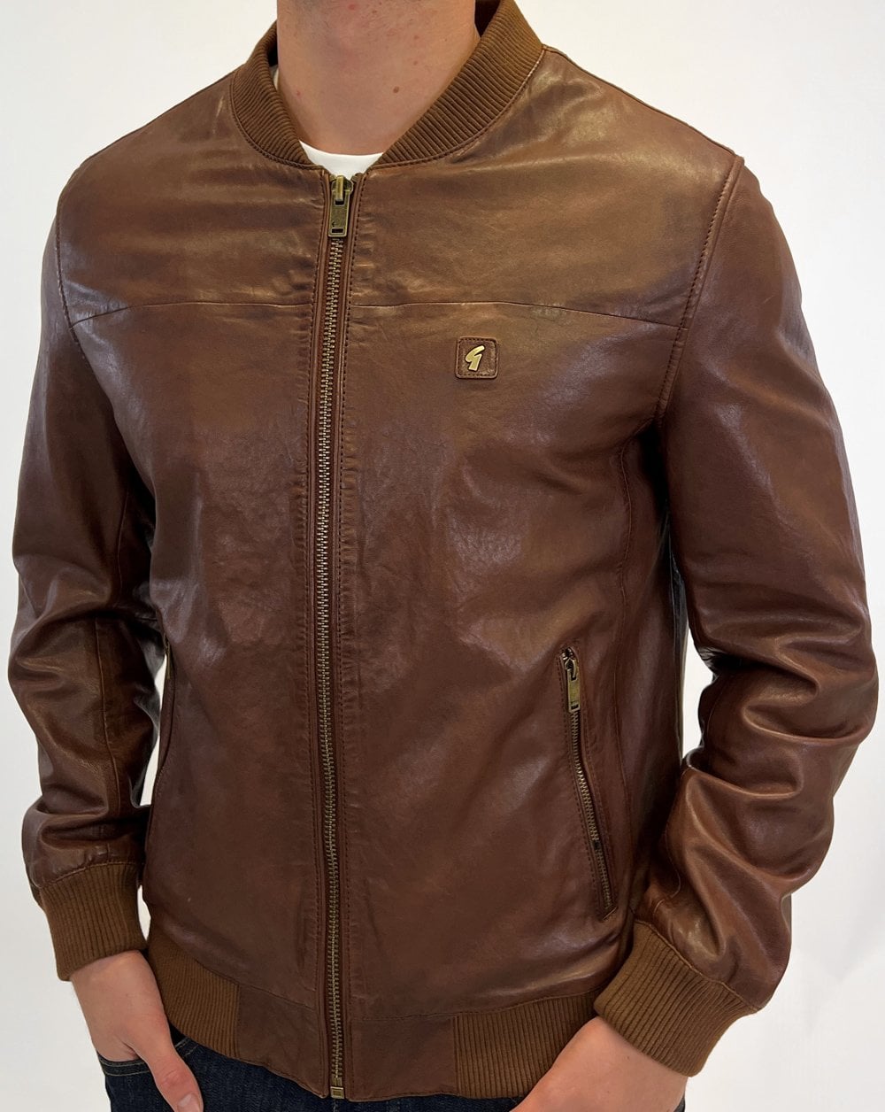 Gabicci Vintage Leather Bomber Jacket Brown