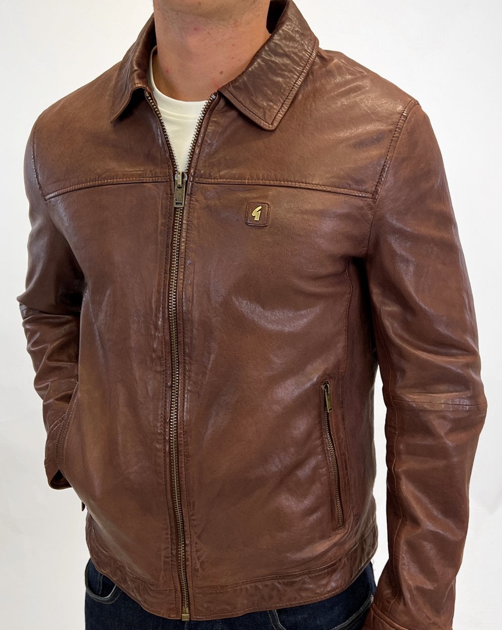 Gabicci Vintage Collared Leather Jacket Brown