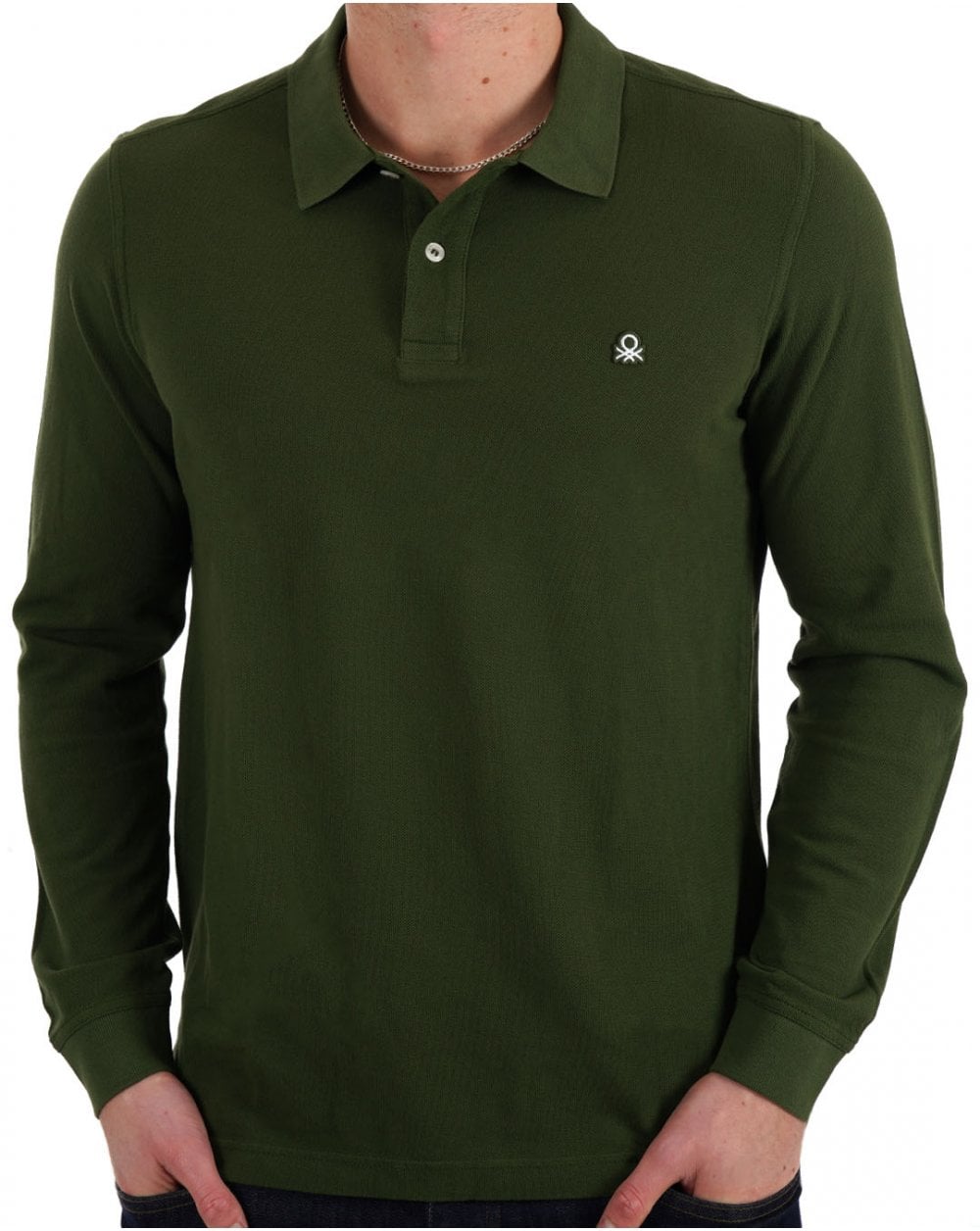 Benetton Long Sleeve Polo Shirt Dark Forest