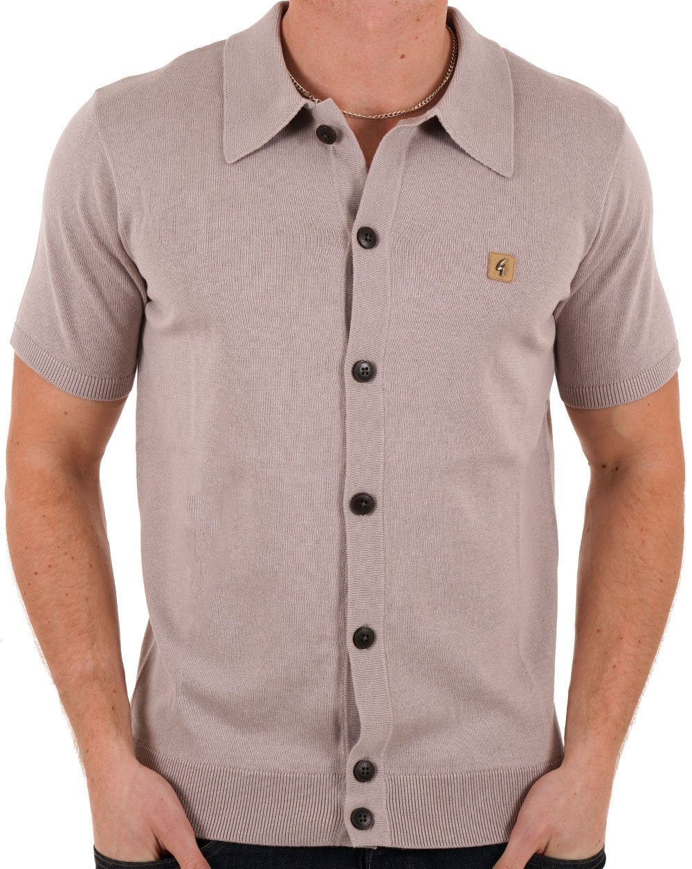 Gabicci Vintage Full Button Knit Polo Mushroom