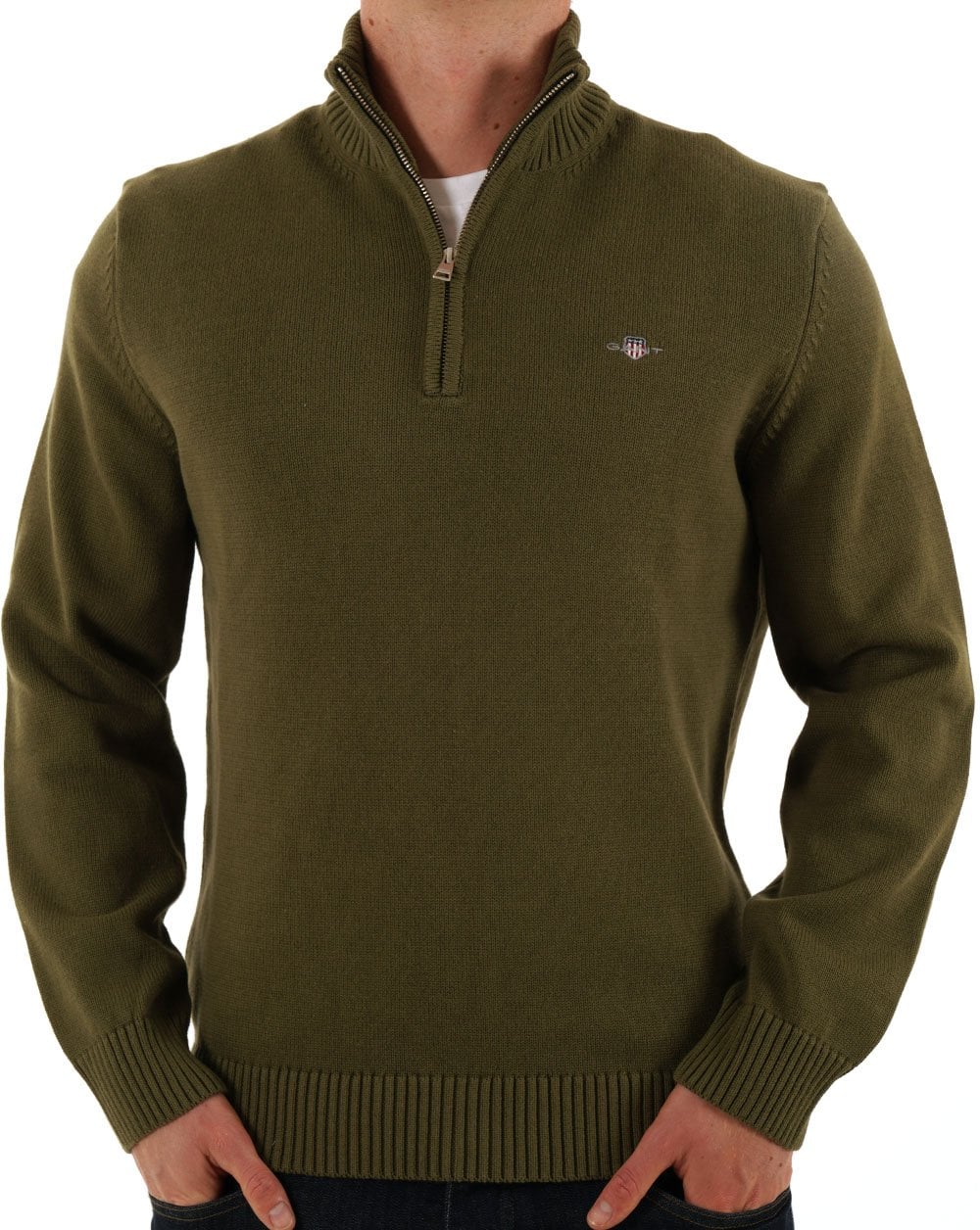 Gant Baumwollpullover mit halbem Reißverschluss, Moosgrün