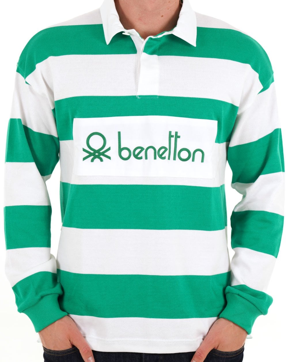 Benetton Striped Rugby Shirt White/Green