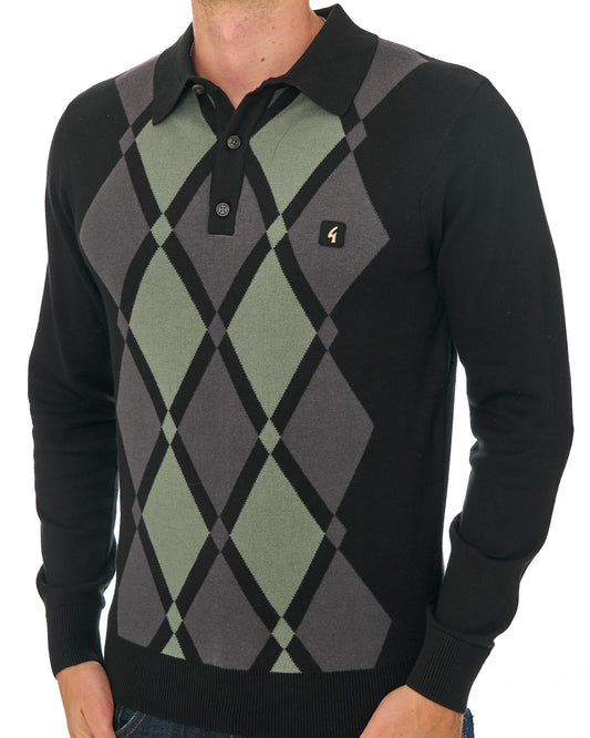 Gabicci Vintage Gabicci Vintage Bond Argyle Knit Polo Black