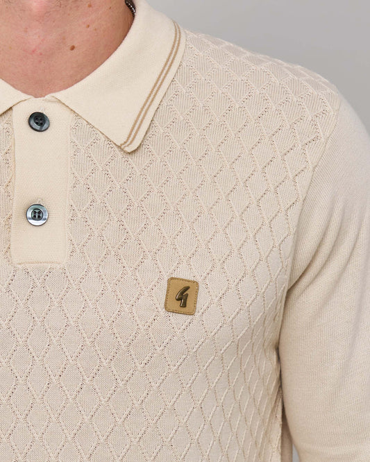 Gabicci Vintage Gabicci Vintage Cambridge LS Textured Knit Polo Cream