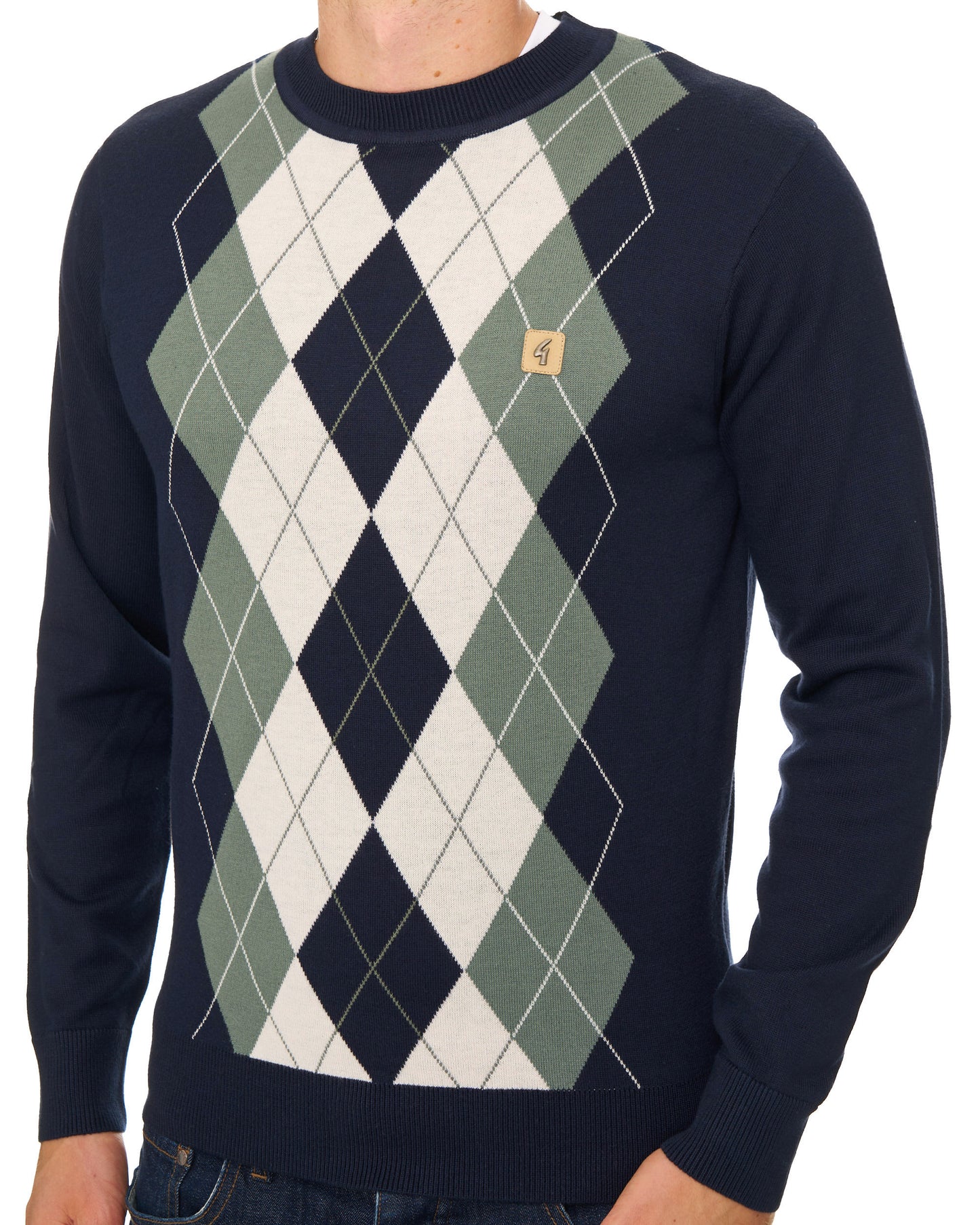 Gabicci Vintage Portrush Argyle Crew Knit Jumper Navy