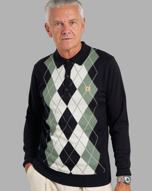 Gabicci Vintage Gabicci Vintage Argyle Diamond Knit LS Polo Black