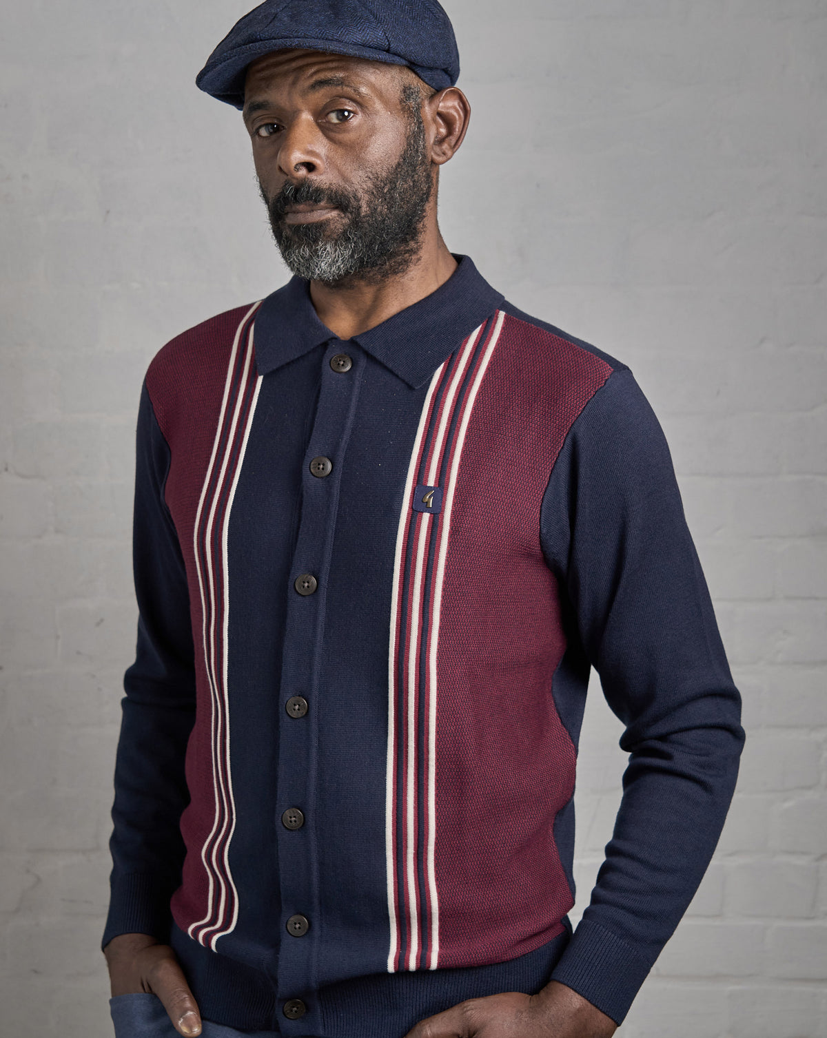 Gabicci Vintage Hanson Knit LS Polo Navy/Claret/Cream