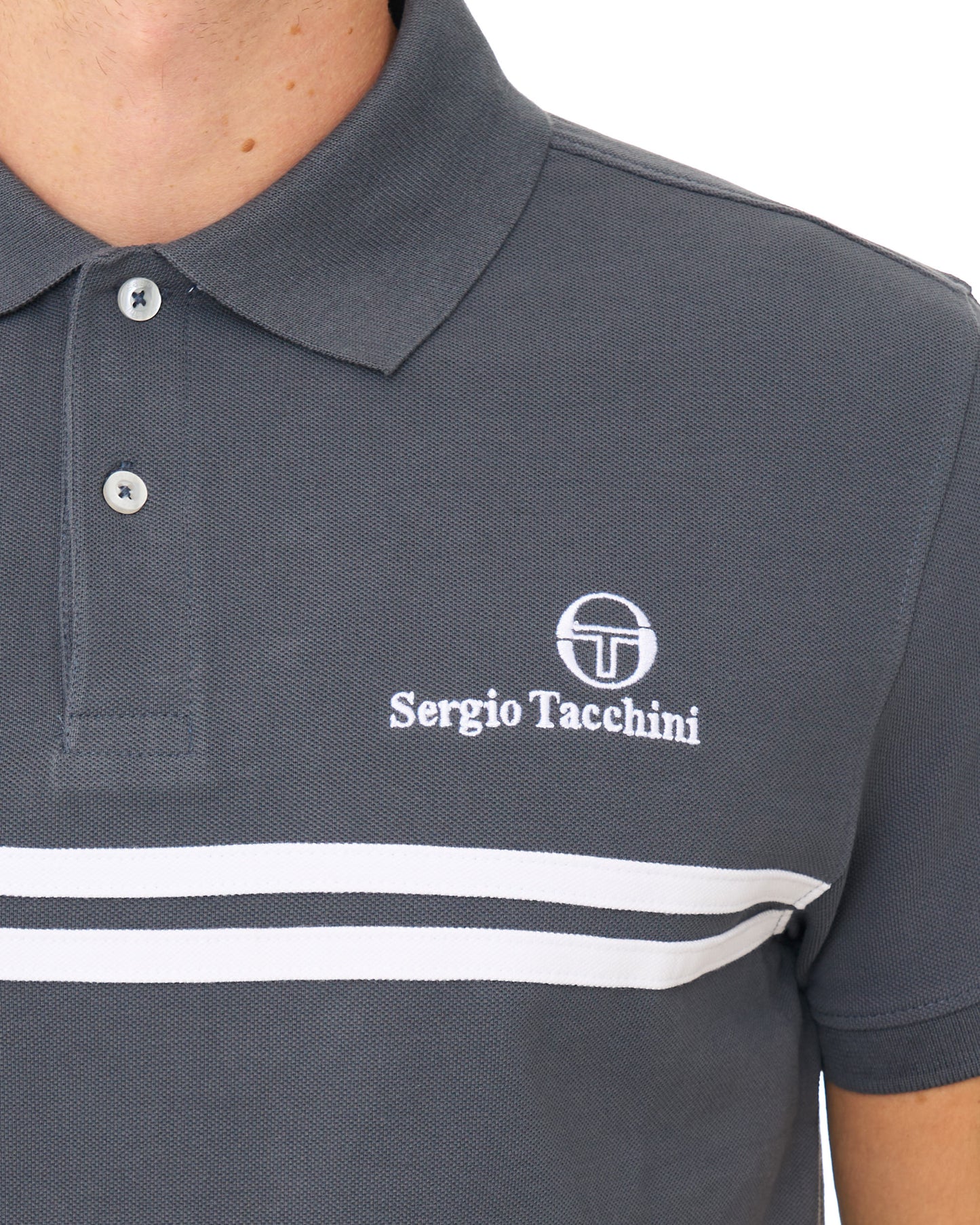 Sergio Tacchini Twin Stripe Polo Shirt Dark Grey/White