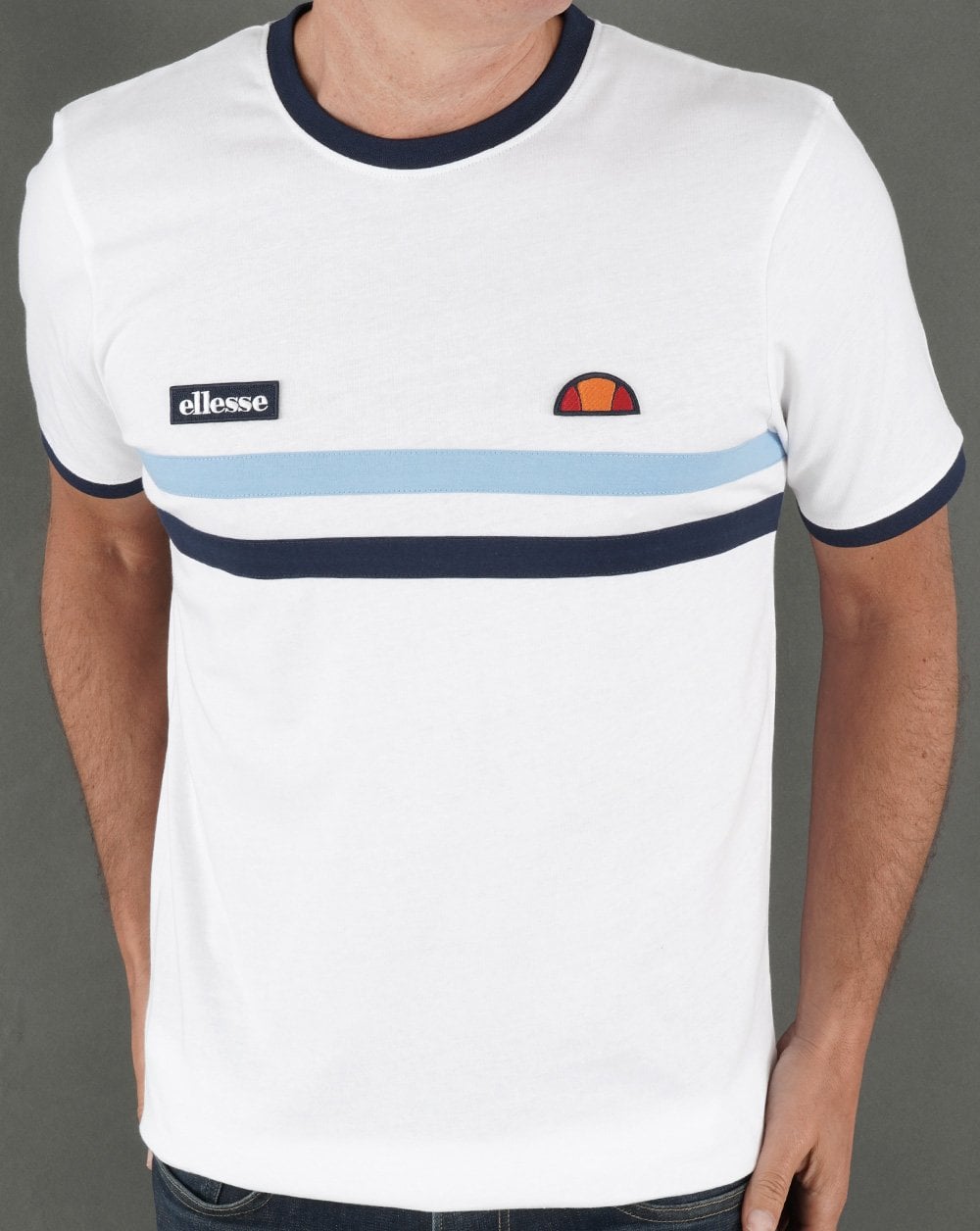 Ellesse Two Stripe T Shirt White/Sky/Navy