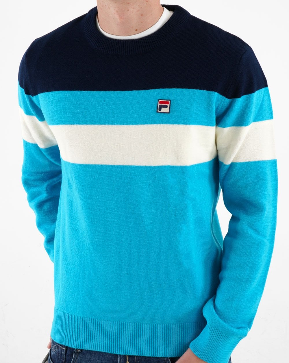 Fila Vintage Striped Crew Knit Aqua Navy White
