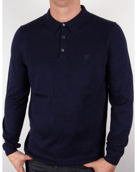 Lyle And Scott Mercerised Cotton L/s Knitted Polo Shirt Navy Blue