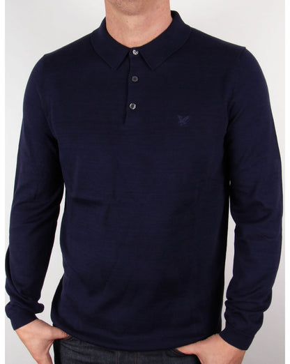 Lyle And Scott Mercerised Cotton L/s Knitted Polo Shirt Navy Blue