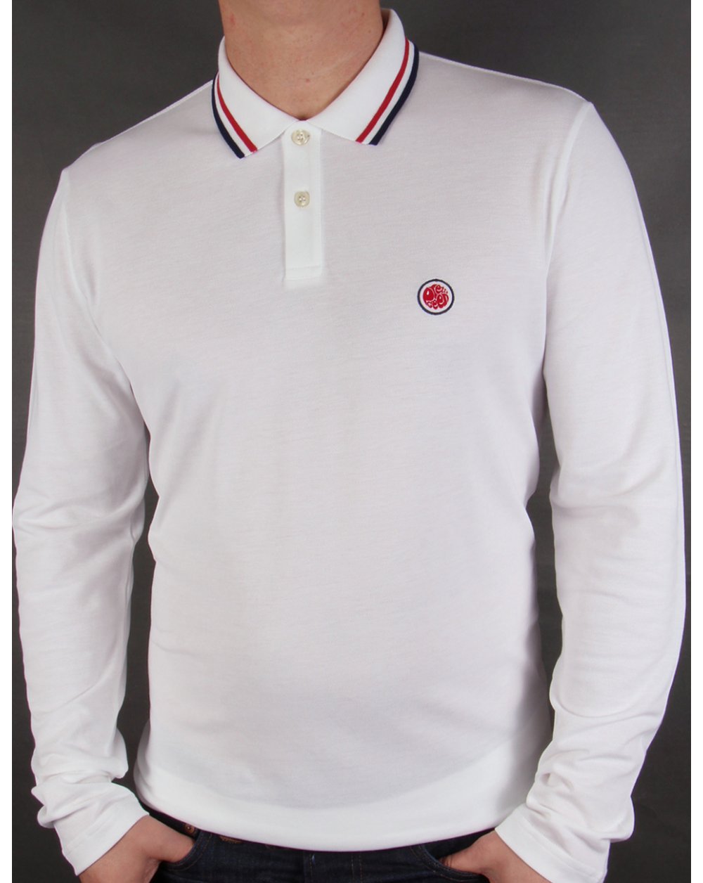 Pretty Green Tipped Long Sleeve Polo Shirt White