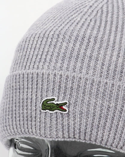 Lacoste Turn Up Ribbed Wool Beanie Silver