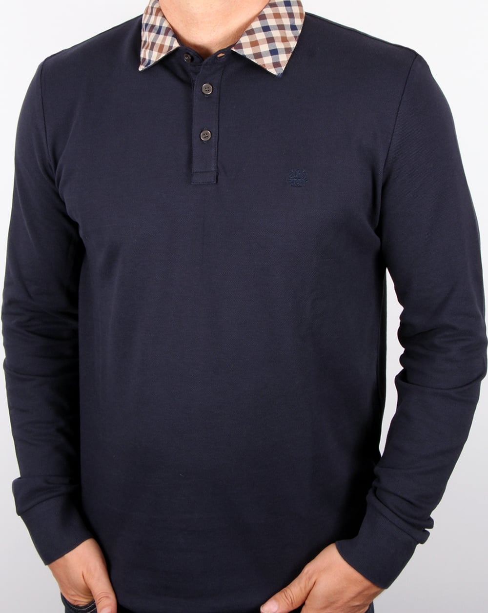 Aquascutum Nathan Check Collar Long Sleeve Polo Shirt Navy