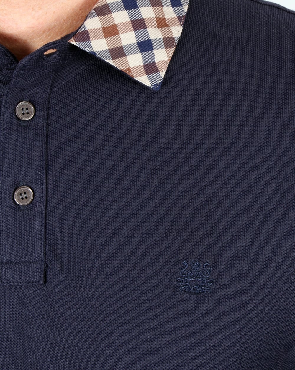 Aquascutum Nathan Check Collar Long Sleeve Polo Shirt Navy