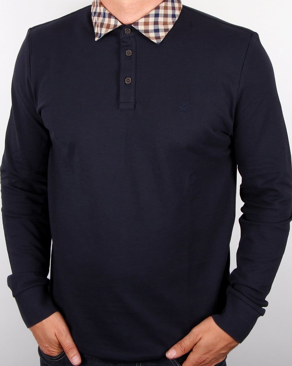 Aquascutum Nathan Check Collar Long Sleeve Polo Shirt Navy