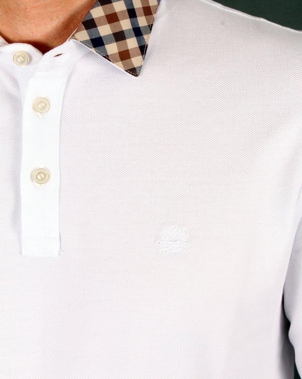 Aquascutum Nathan Check Collar Long Sleeve Polo Shirt White