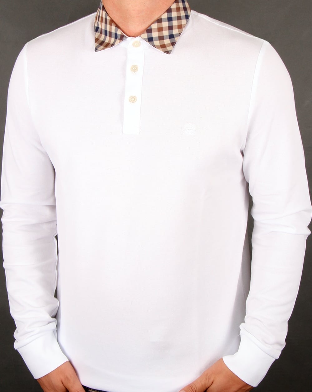 Aquascutum Nathan Check Collar Long Sleeve Polo Shirt White