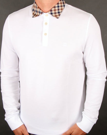 Aquascutum Nathan Check Collar Long Sleeve Polo Shirt White
