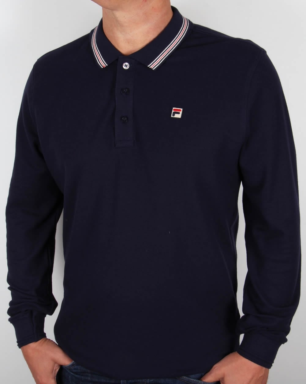 Fila Vintage Tipped Long Sleeve Polo Shirt Navy